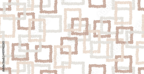 Ikat Bohemian Boho nahtloses Muster aus ausgefransten Rechtecken und Quadraten in sandfarben und Leder für Fashion, Textil, Papier,  Druck