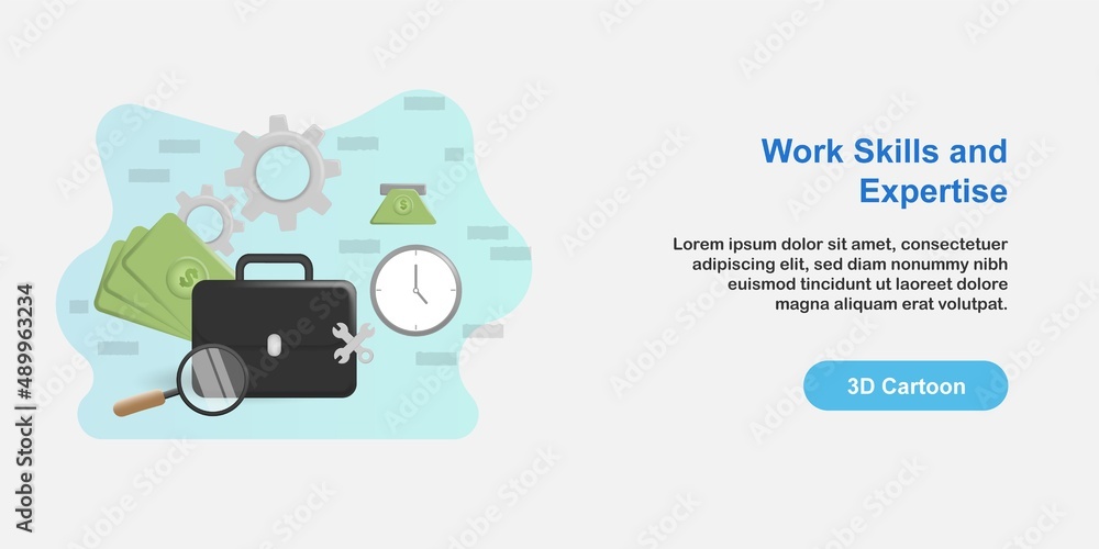 3D cartoon style illustration. Professional work skill concept. Suitcase, magnifier, gear, clock, spanner, money elements icon 3D cartoon style illustration. Professional work skill concept. Suitcase, magnifier, gear, clock, spanner, money elements icon