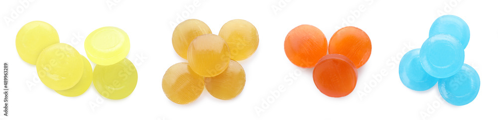 Set with different cough drops on white background, top view. Banner design
