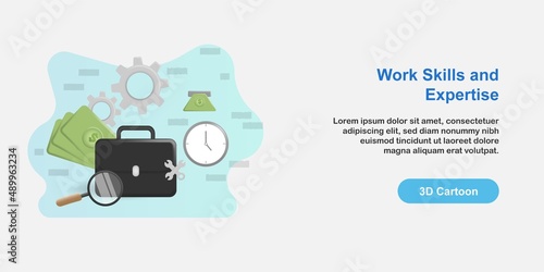 3D cartoon style illustration. Professional work skill concept. Suitcase, magnifier, gear, clock, spanner, money elements icon