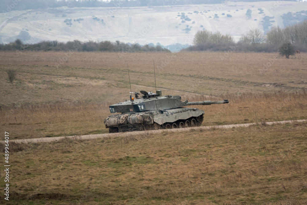 British army FV4034 Challenger 2 main battle tank in action on a military exercise, Salisbury Plain Wiltshire UK British army FV4034 Challenger 2 main battle tank in action on a military exercise, Salisbury Plain Wiltshire UK