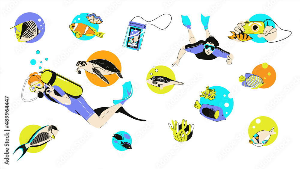 Set of illustrations about diving and snorkeling: red sea fish, coral, scuba diver, diver. Vector illustration in flat cartoon style isolated on white background.