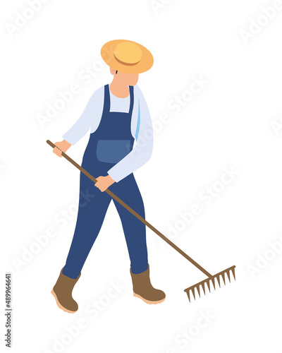 isometric farmer with rake