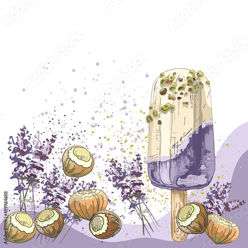 329_ice cream with fruits and nuts_hazelnut milk, vegan ice cream, popsicle, purple lavender flowers, bouquet, crumb, nut powder,