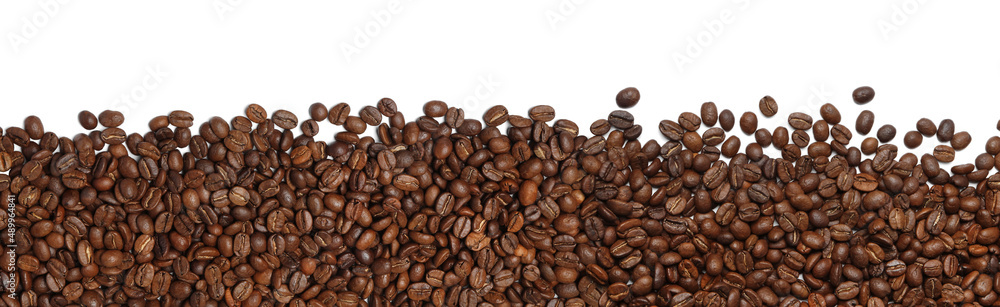 Many roasted coffee beans on white background, top view. Banner design Many roasted coffee beans on white background, top view. Banner design