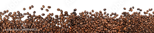 Many roasted coffee beans on white background, top view. Banner design © New Africa