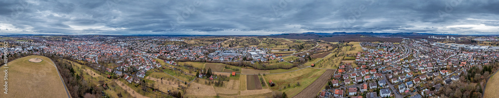 Drone panorama over German small town Nuertingen in Baden-Wuertemberg during daytime