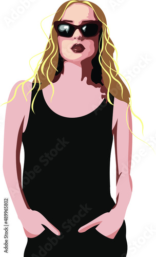 
A blonde girl with long hair with golden locks ,wears a black sleeveless T-shirt and sun glasses ,and puts her hands in her pocket .fits as model