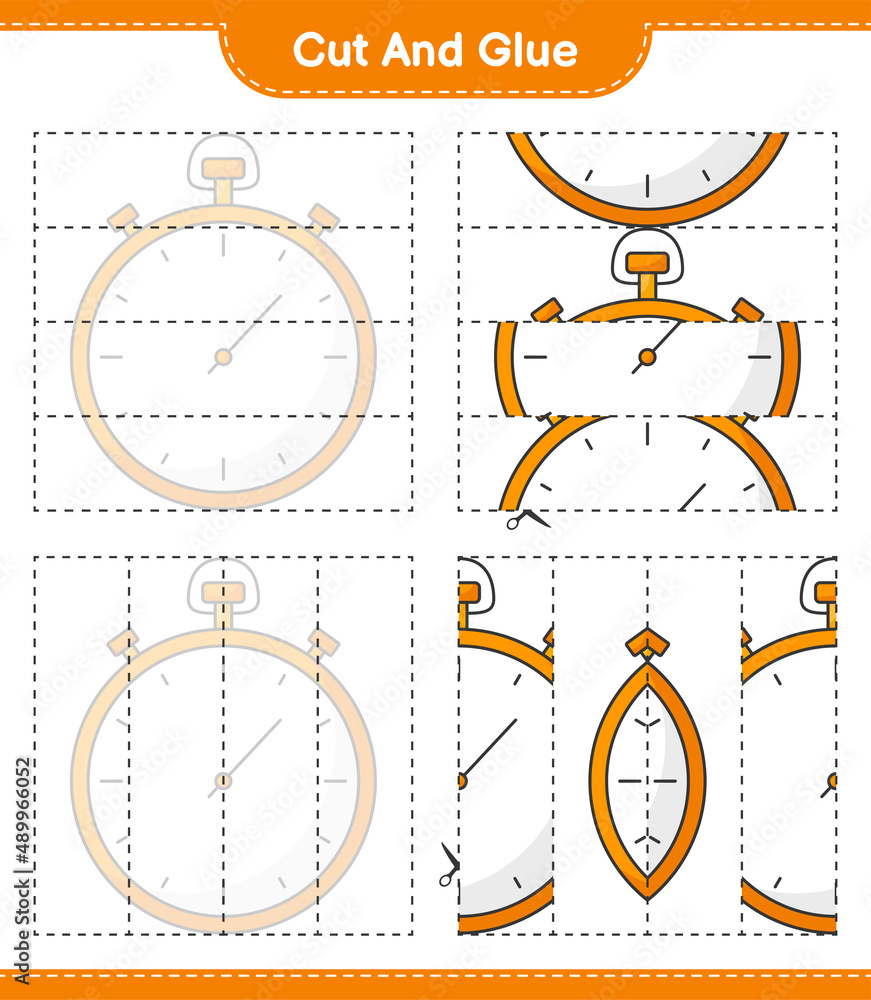 Cut and glue, cut parts of Stopwatch and glue them. Educational children game, printable worksheet, vector illustration Cut and glue, cut parts of Stopwatch and glue them. Educational children game, printable worksheet, vector illustration