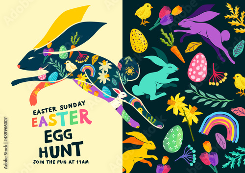 Colourful happy easter egg hunt textures and layouts. Vector illustration.