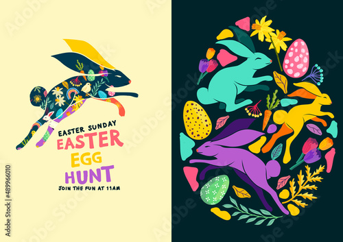 Bright and colourful happy easter egg hunt textures and layouts. Vector illustration.