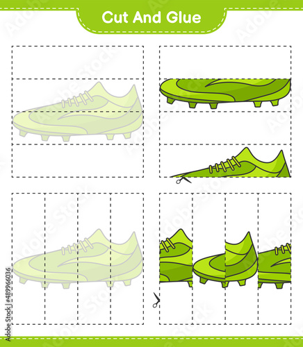 Cut and glue, cut parts of Soccer Shoes and glue them. Educational children game, printable worksheet, vector illustration