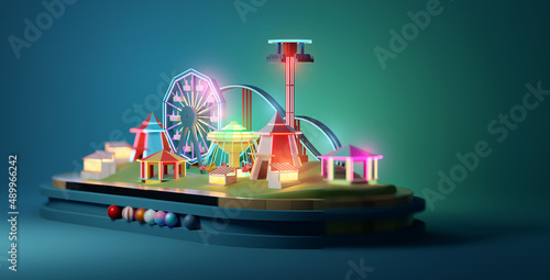 Foto Funfair and carnival rides and amusements show background with neon lights