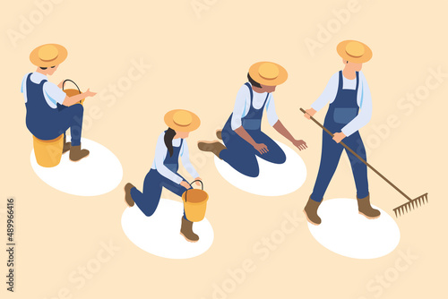 four isometric farmers characters