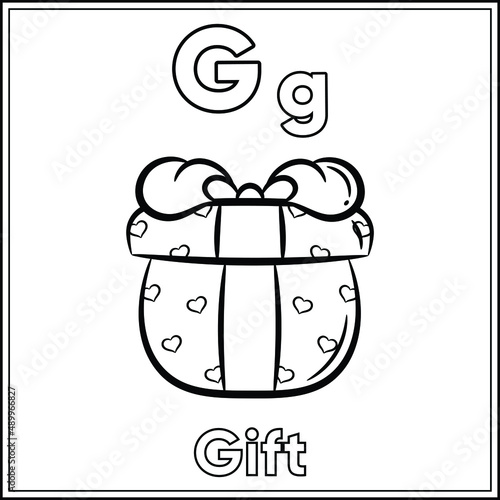Alphabet flashcard letter G learning with cute gift drawing sketch for coloring