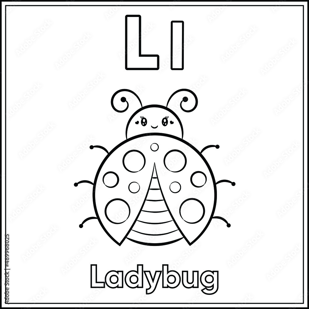 Obraz premium Alphabet flashcard letter L learning with cute ladybug drawing sketch for coloring