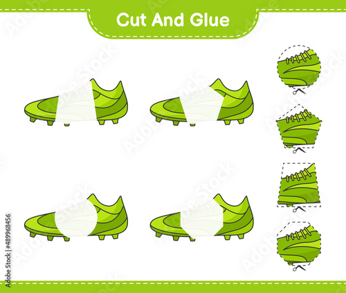 Cut and glue, cut parts of Soccer Shoes and glue them. Educational children game, printable worksheet, vector illustration