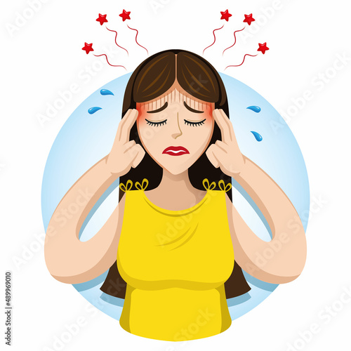 Mascot person woman, with headache, symptom. Ideal for informational and institutional related to medicine
