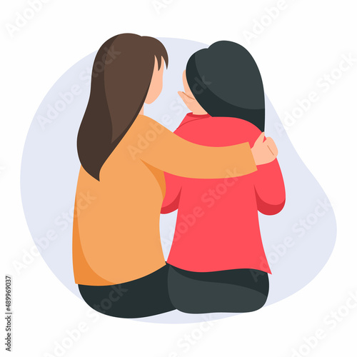 Woman comforts her friend. Girl has covered her face with her hands and is crying. Support during depression and stress. Sympathy.