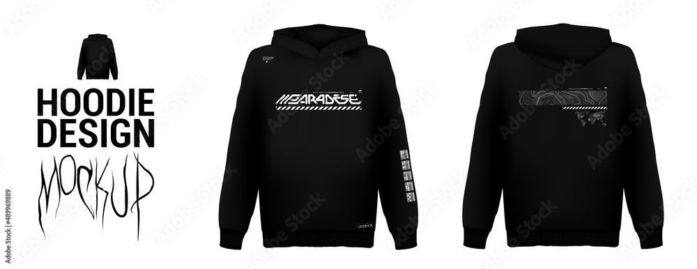 Modern print design hoodie or t shirt. Vector trendy black futuristic lettering print with abstract elements on black Hoodie. Merch t shirt apparel print. Translation of Japanese words paradise Stock ...