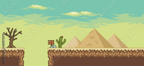 Pixel art desert game scene with pyramid, cactuses, trap 8bit landscape background