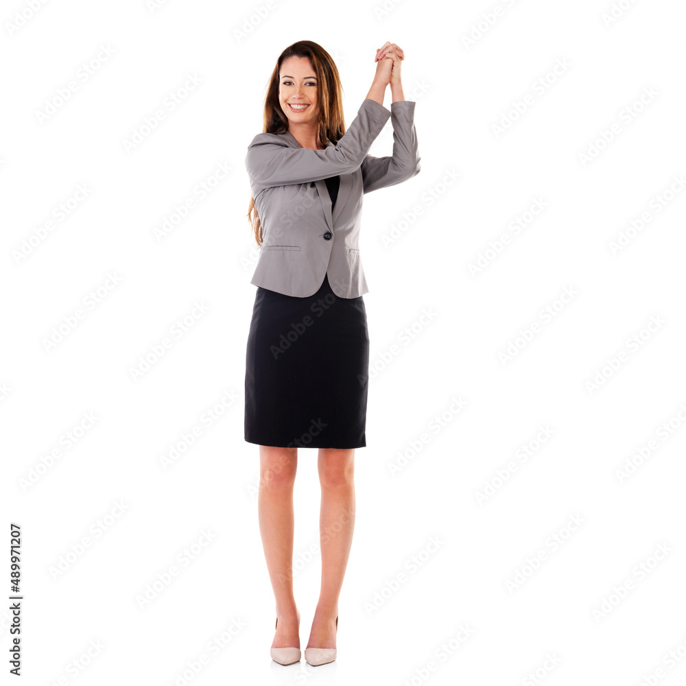 Successful times. Studio shot of a young woman holding her hands together isolated on white. Successful times. Studio shot of a young woman holding her hands together isolated on white.