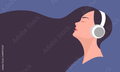 Girl wearing wireless headphones listening to music, with free space for text, vector illustration.