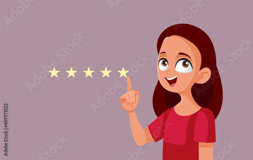 Teen Girl Giving Five Stars Positive Review Vector Cartoon Illustration