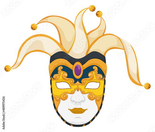 Golden Volto mask decorated with jester crest for Carnival season, Vector illustration