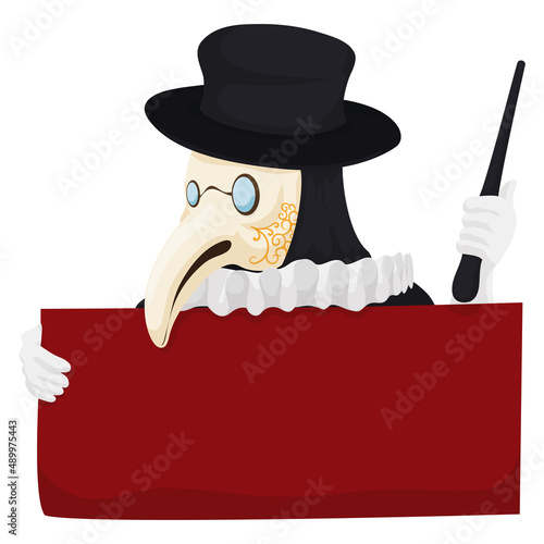 Man holding a empty red sign wearing Plague Doctor costume, Vector illustration