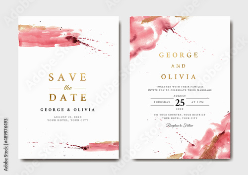 Elegant abstract watercolor wedding invitation template with gold text