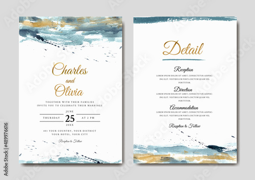 Elegant blue and gold abstract watercolor wedding invitation template