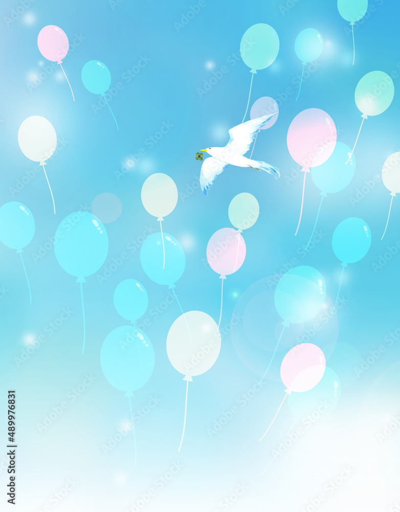 四つ葉をくわえて飛ぶ鳥 風船背景 四つ葉をくわえて飛ぶ鳥 風船背景