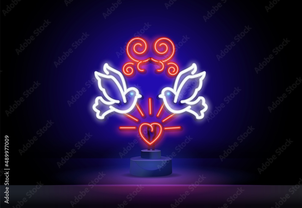 Couple of pigeons with pink heart neon sign. Love concept. Vector illustration in neon style for topics like wedding, dating, romance, Valentines day Couple of pigeons with pink heart neon sign. Love concept. Vector illustration in neon style for topics like wedding, dating, romance, Valentines day