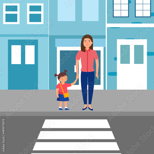 Woman with kid waiting for crossing the road at crosswalk vector illustration. Road, city street, mom and daughter and traffic light in flat design.