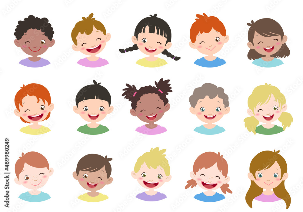 Vector illustration set for different avatars of boys and girls in a world on a white background. Different skin tones, hair colors and styles. Vector illustration set for different avatars of boys and girls in a world on a white background. Different skin tones, hair colors and styles.