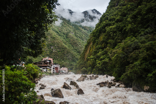 The Urubamba River running through the town of Aguas Calientes in Peru. 