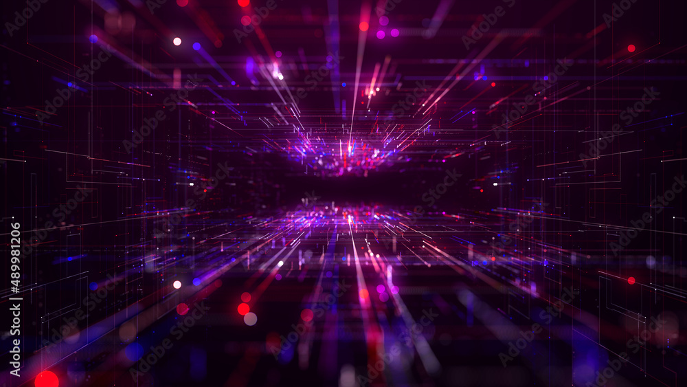 Naklejka premium Tunnel of Digital Cyberspace with Line Neon Light, Network Connections, Technology Digital Abstract Background 3d rendering