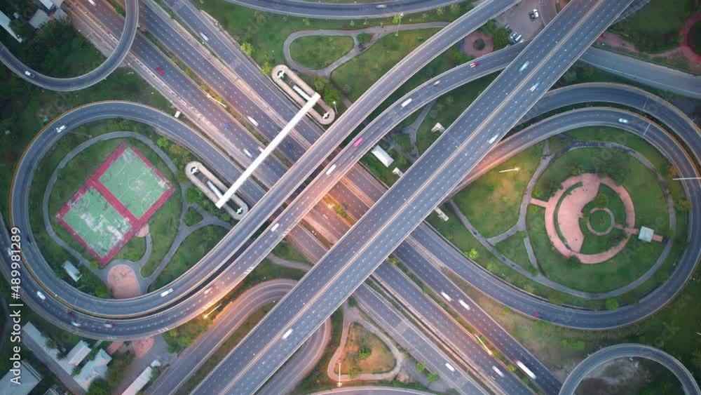 4K Time lapse Aerial view and top view of traffic on city. Expressway