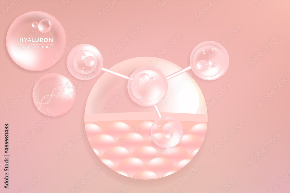 Hyaluronic acid skin solutions ad, pink collagen serum drops with cosmetic advertising background ready to use, illustration vector.