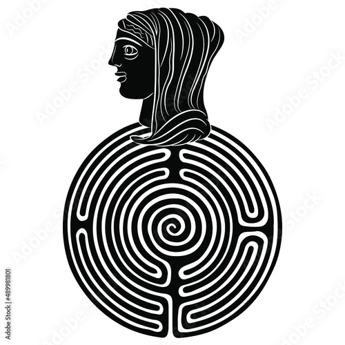 Round spiral maze or labyrinth symbol with female head on top. Ancient Greek goddess Hestia or Vesta. Ariadne. Creative concept. Black and white silhouette.