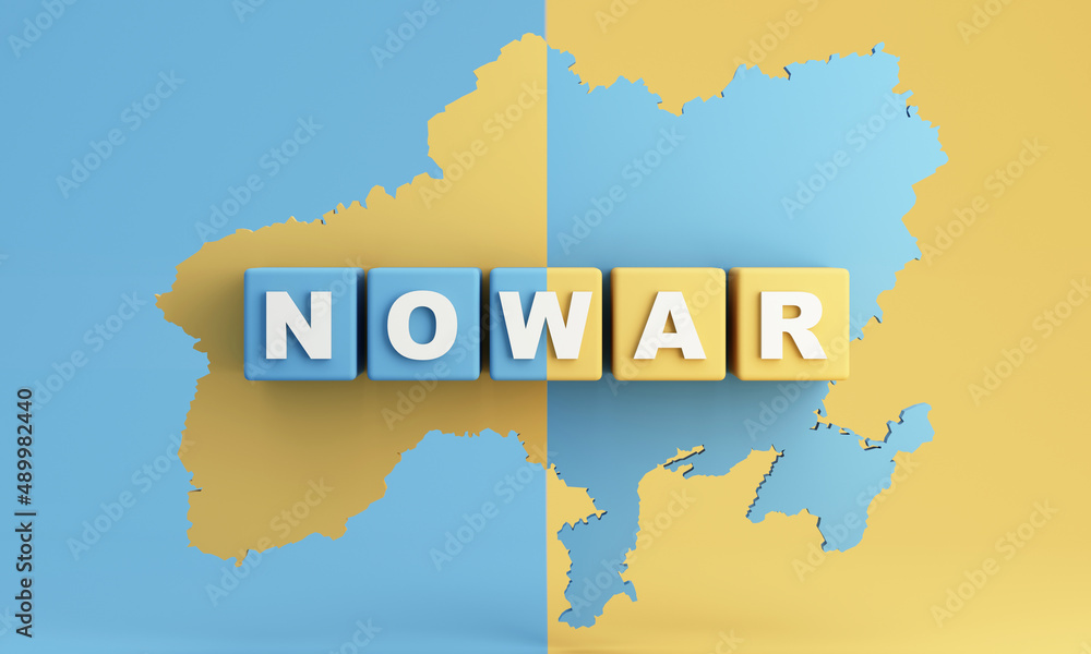 No to war, crossword puzzle dice on the map in Ukraine flag colors. 3d Rendering