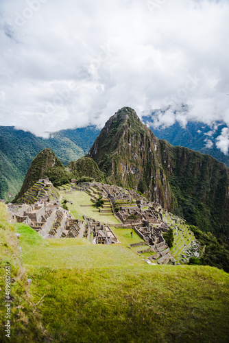 The famous view of Machu Picchu in the Andes Mountains of Peru. 