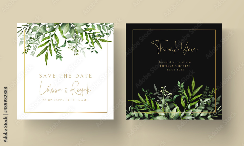 greenery leaves watercolor wedding invitation card template