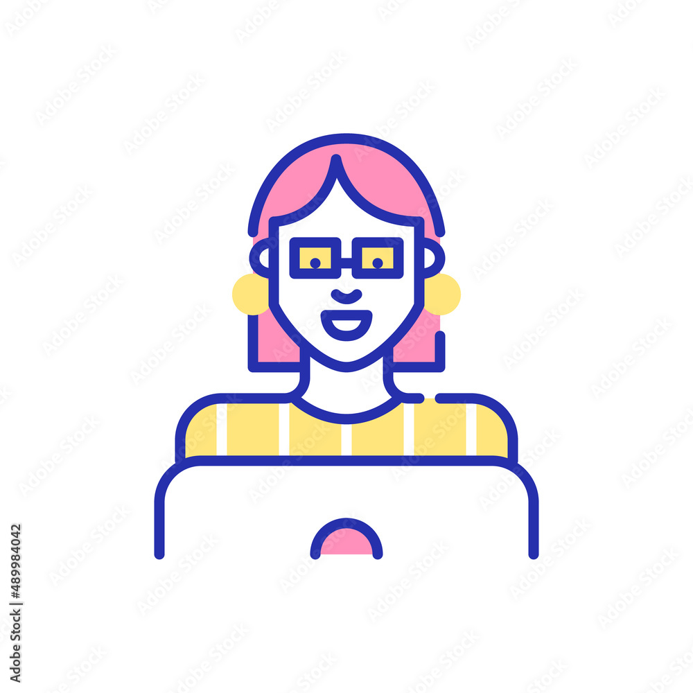 Young woman working at a laptop. Pixel perfect, editable stroke fun color icon Young woman working at a laptop. Pixel perfect, editable stroke fun color icon