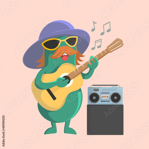 cute cartoon illustration playing guitar with old fashioned tape recorder and hat © Creative Project