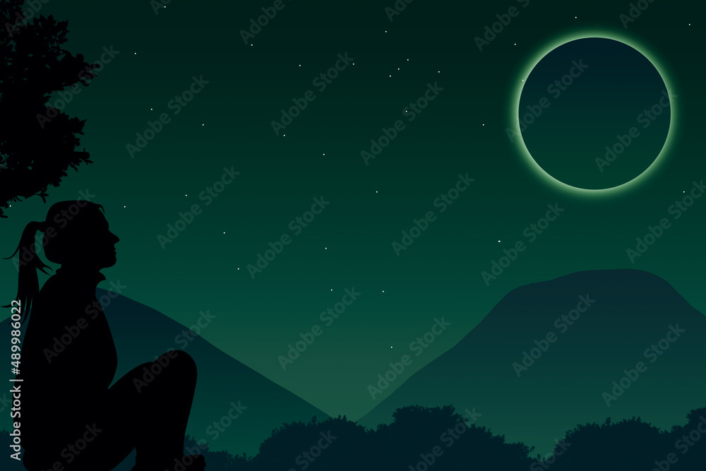 silhouette of a girl and a moon,
alone in the mountains silhouette of a girl and a moon,
alone in the mountains