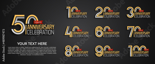 set anniversary logotype premium collection gold and silver color with red ribbon isolated on black background