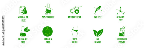 SLS SDS free, paraben-free, mineral oil-free, 100% detox, eco friendly, dye, phthalate-free, chemically proven, antibacterial, nitrates free icon, logo set vector illustration 