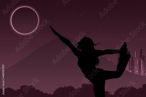 silhouette of a girl dancing on the moon, alone in the mountains